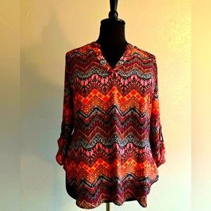 Colorful High-Low Blouse Notched Neckline Size XL